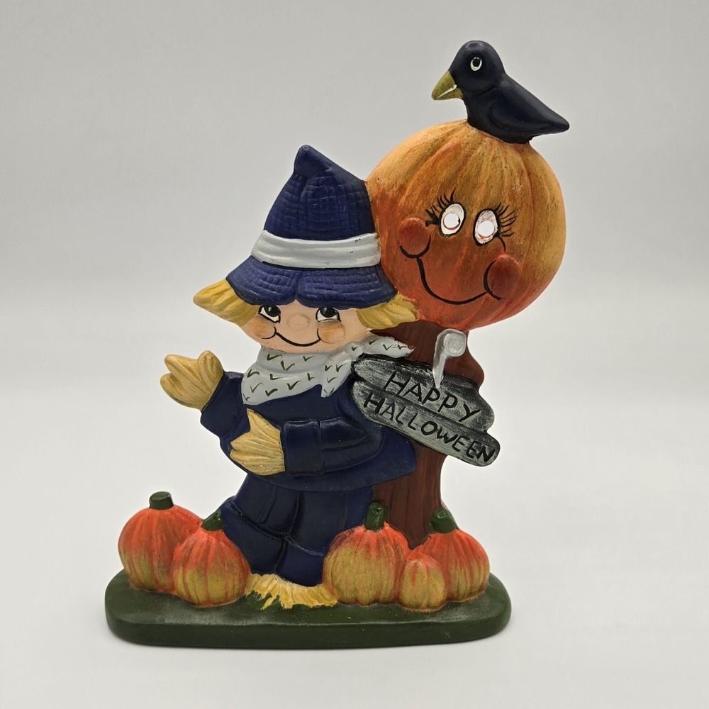 Vtg hand painted Halloween‎ Scarecrow Crow Pumpkin Figurine Vintage Ceramic 7"